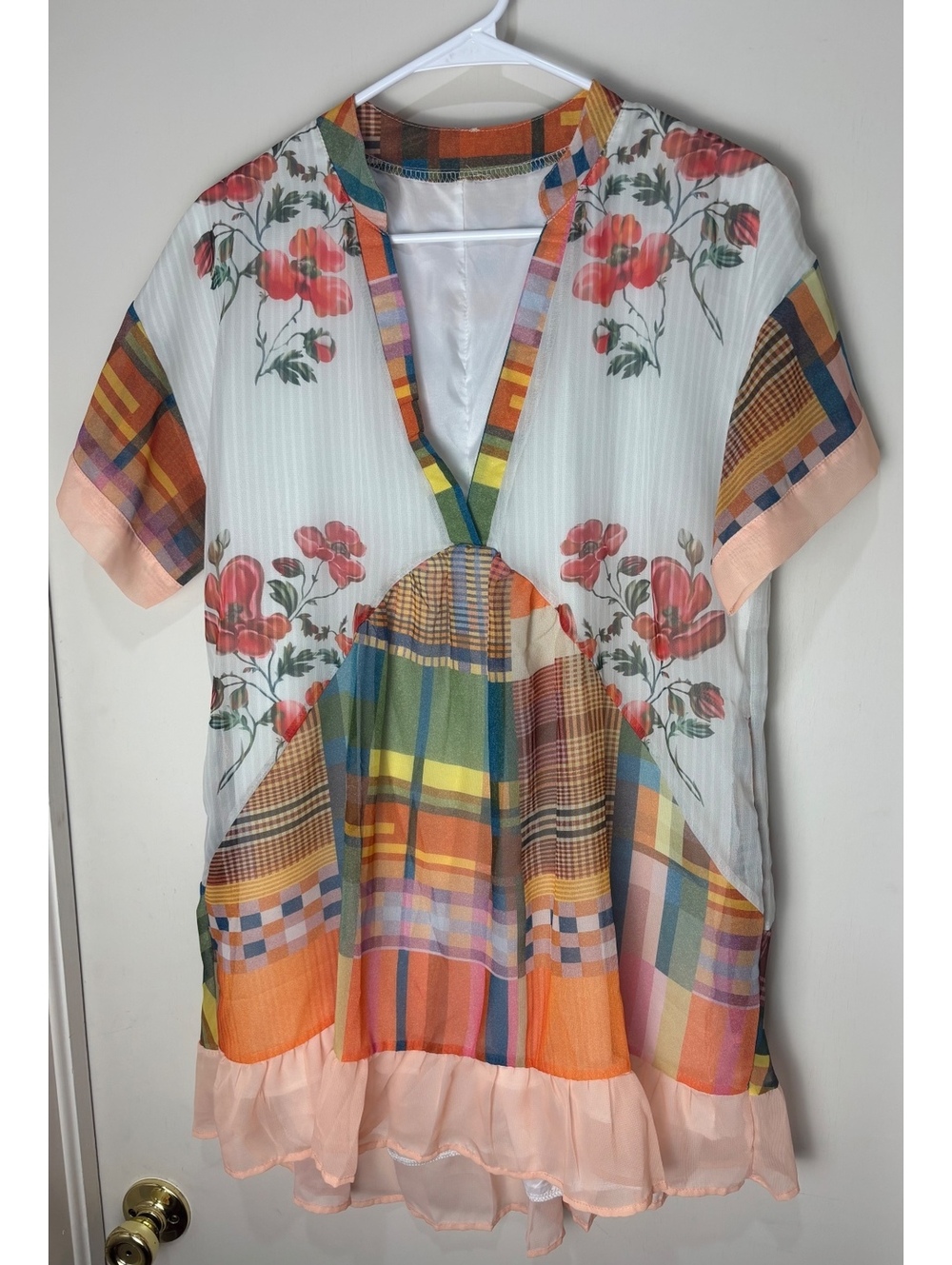 Women’s Boho Floral Plaid Tunic Dress V Neck Ruffle Hem Mixed Print Cottagecore